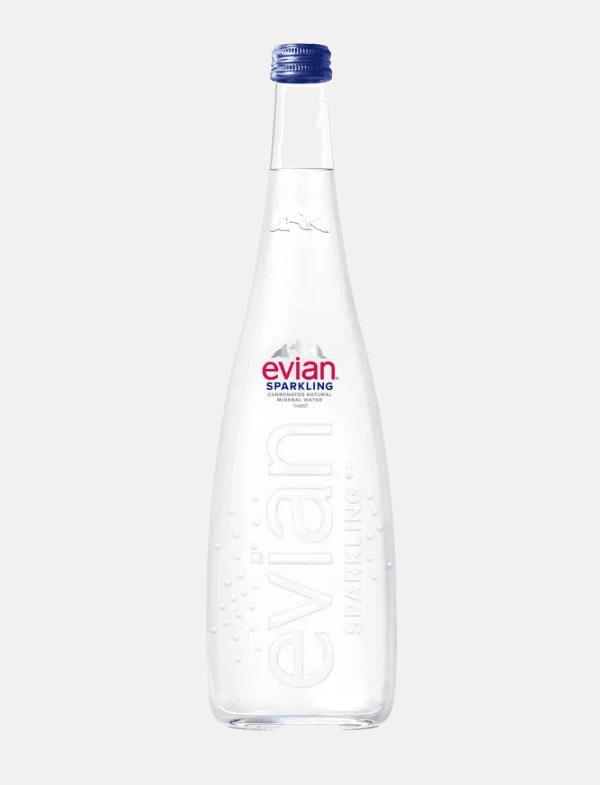 agua evian sparkling 750 ml botella de vidrio